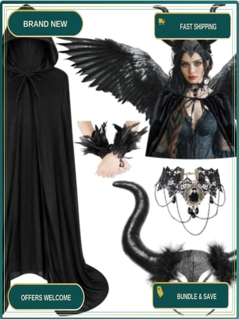 Witch Costume Set Hooded Cape Horn Headband Lace Choker Feather Wrist Cuffs
